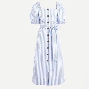 J Crew Harborfront Carol Stripe MIDI Dress Button Up Puff Sleeve